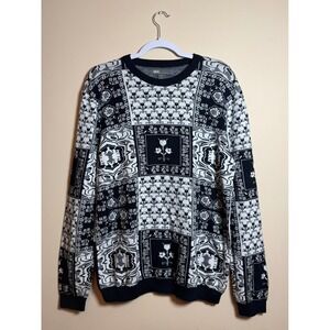 ASOS Mens Large Black White Patchwork Floral Jacquard Cotton Sweater Patchwork